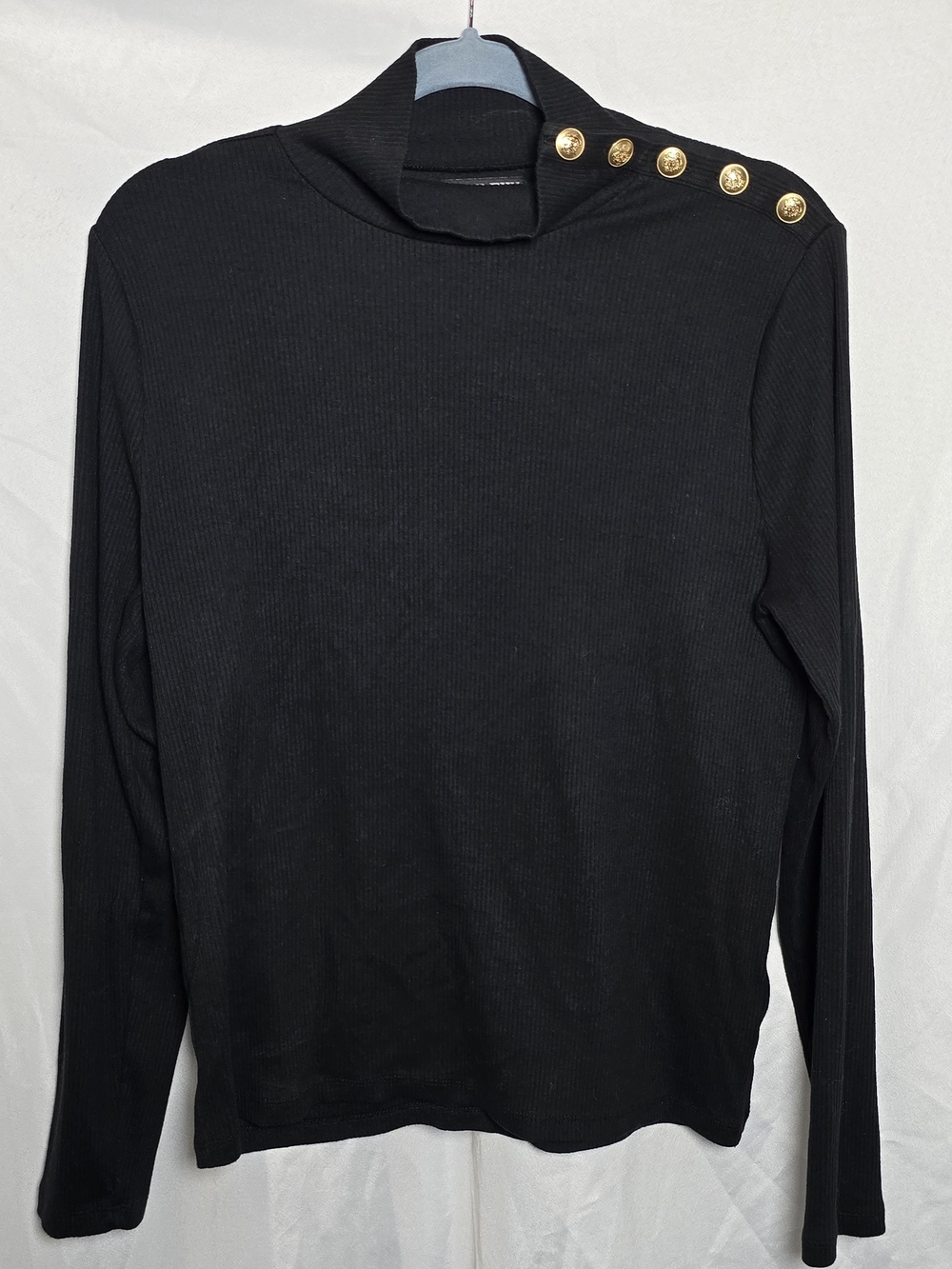 J. Crew Black Sleek Ribbed Mock Neck Long-Sleeve Top with Gold Buttons, Sz XL